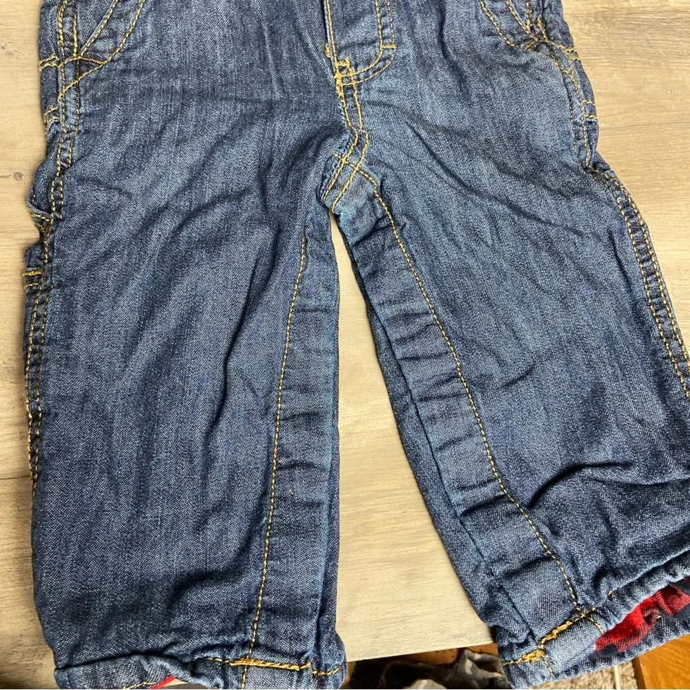 Oshkosh B’gosh 12 Months Classic Denim Blue Jeans Overalls Red‎ Plaid Flannel